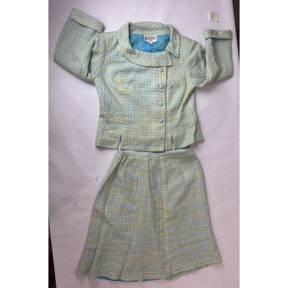 Light Academia Julian Taylor Tweed Skirt Suit Blazer Plaid Blue Yellow Size 8P - Picture 4 of 11